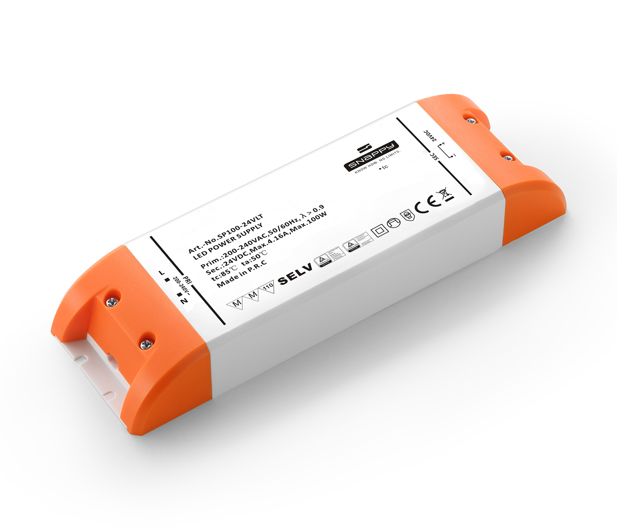 SP100-24VLT  SP, 100W, Constant Voltage Triac Dimmable PC LED Driver, 24VDC, 4.17A, Pf>0.9, TC:+85?, TA:45?, IP20, Effi>90%, Screw Connection, 5yrs Warranty.